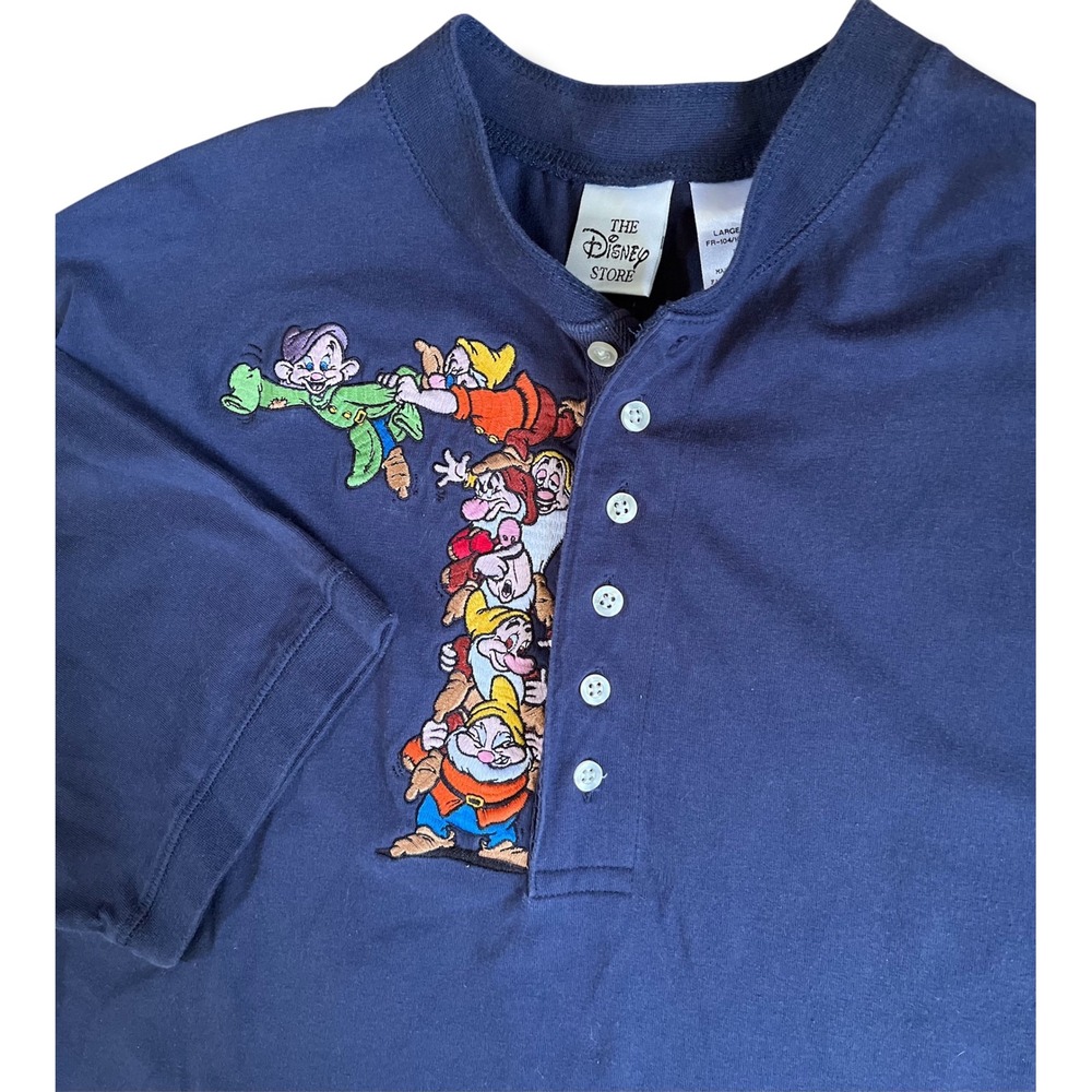Disney Store Vintage Seven Dwarfs Embroidered Blue Henley Polo / Sleepwear Large